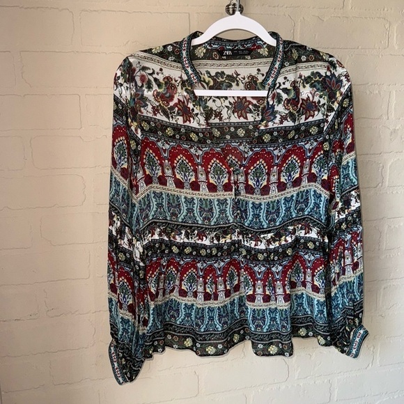 ZARA PRINTED BLOUSE EMBROIDERED NECK & wrist MULTICOLOURED small 7521/226/330‎ - Picture 2 of 4
